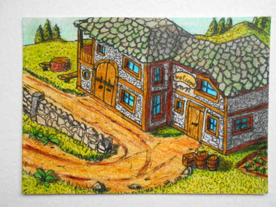 Original art aceo cottage drawing, collectable art card- ink and pencil drawing - &#39;Welcome Inn&#39; 2.5 x 3.5 inches- signed by author Hristo hvoynev