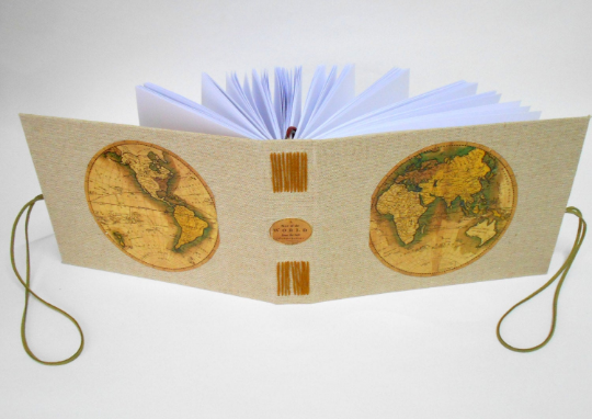 Map travel sketchbook with custom color thread binding- Eco friendly map sketchbook with 100% recycled pages- Burlap fabric travel journal