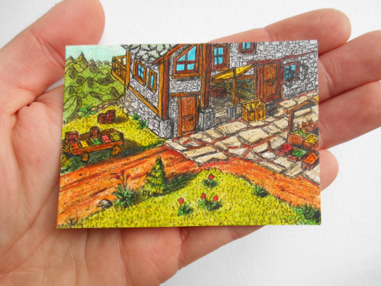 Aceo original- art aceo card- ink and pencil drawing &#39;Kvaldaruul Hights Backery Street&#39;, Ancient fantasy world series- signed by Hristo Hvoynev