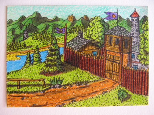 Original fantasy art ACEO drawing of a fantasy world fort camp- 'Monithaal encampment- ACEO illustration- Fantasy world series- signed by author Hristo Hvoynev