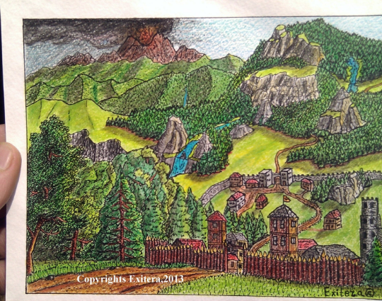 Original landscape fantasy art- ink and colored pencils illustration &quot;The Eruption of Madjegogg&quot;- Fantasy world series- signed by author Hristo Hvoynev