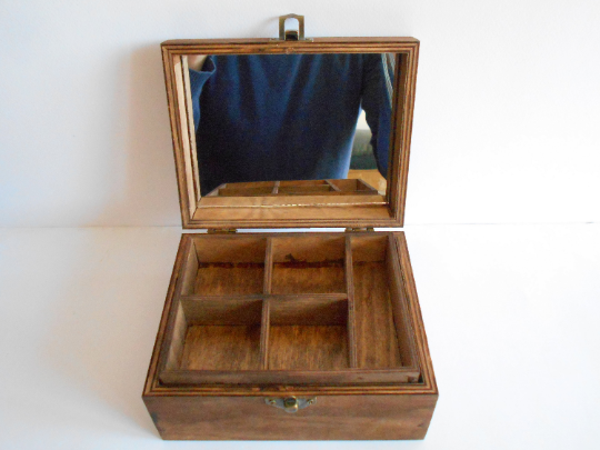 Wooden jewelry box with a mirror inside- 9 compartments on 2 levels- makeup keepsake box- make up or jewelry box- trinket or crystals bo