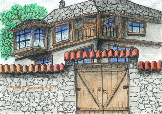 Cottage house art print from original drawing &quot;Rhodopean house&quot; from &quot;Rhodopean folklore&quot; series- signed, dated- folklore art print- signed by author Hristo Hvoynev