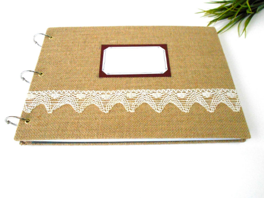 Handmade wedding guestbook with 100% recycled pages- linen fabric hard-covered blank book- rustic sketchbook journal with recycled paper- personilized weddingbook- title label and a bookmark