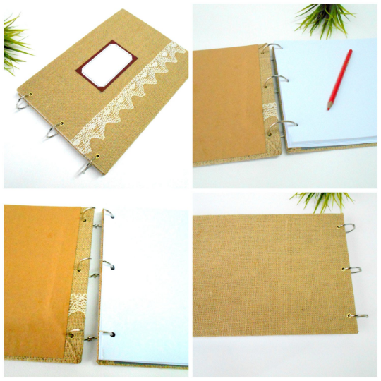 Handmade wedding guestbook with 100% recycled pages- linen fabric hard-covered blank book- rustic sketchbook journal with recycled paper- personilized weddingbook- title label and a bookmark