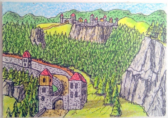 Castle fantasy art- castle drawing- ink and pencil drawing print signed art for collectors- city gates art- mountain art signed by author Hristo Hvoynev