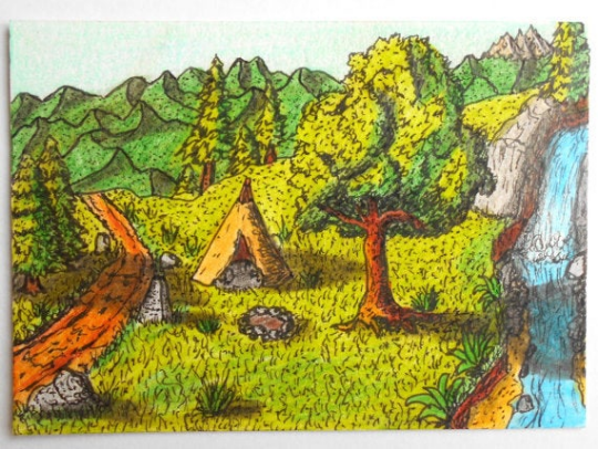 Aceo art print, ink and pencil drawing print, landscape art print- 'A new beginning' camping forest art- signed by author Hristo Hvoynev