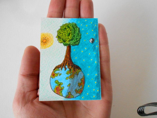 Abstract Art drawing print- fantasy aceo art print- ink and pencil aceo print &#39;Beyond&#39;- tree on a planet space sun and moon art print- signed by author Hristo Hvoynev Media 1 of 4