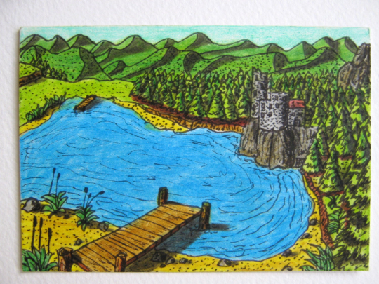 Art print aceo illustration of a lake and a mountain landscape view with a castle - 'The nest of the dragon'- Fantasy world series- signed by author Hristo Hvoynev