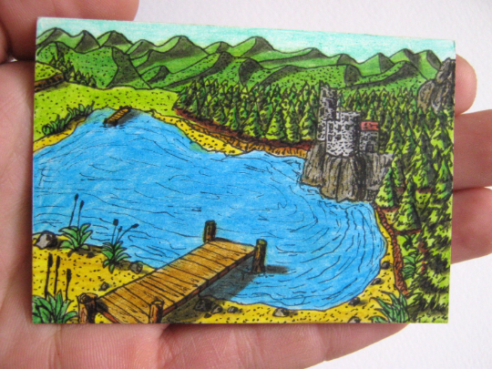 Art print aceo illustration of a lake and a mountain landscape view with a castle - &#39;The nest of the dragon&#39;- Fantasy world series- signed by author Hristo Hvoynev