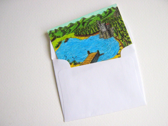 Art print aceo illustration of a lake and a mountain landscape view with a castle - &#39;The nest of the dragon&#39;- Fantasy world series- signed by author Hristo Hvoynev