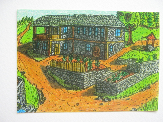 Cottage art print poster of ink and color pencil fine artwork &quot;The last house of the village&quot;- Folklore series- signed by artist Hristo Hvoynev