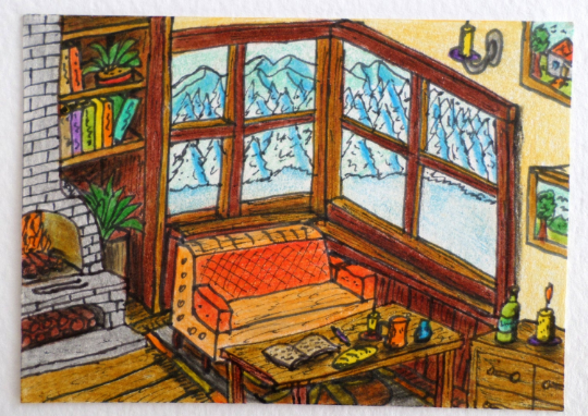 Aceo Christmas drawing card of a cottage house interior with a fireplace and a window winter view 'Winter spirits'- signed by artist Hristo Hvoynev Media 1 of 3