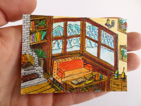Aceo Christmas drawing card of a cottage house interior with a fireplace and a window winter view &#39;Winter spirits&#39;- signed by artist Hristo Hvoynev Media 1 of 3