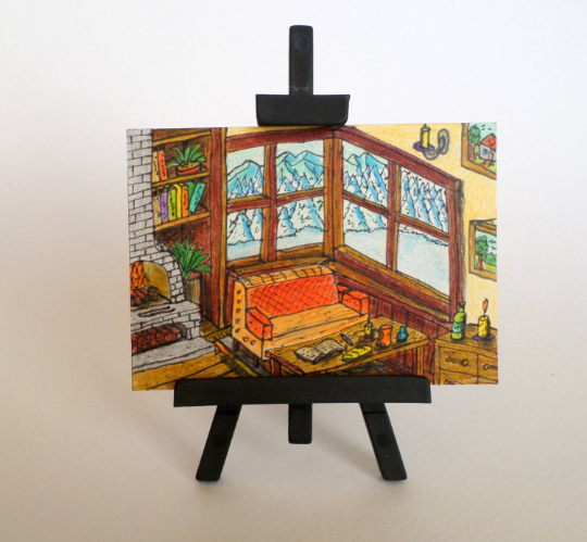 Aceo Christmas drawing card of a cottage house interior with a fireplace and a window winter view &#39;Winter spirits&#39;- signed by artist Hristo Hvoynev Media 1 of 3