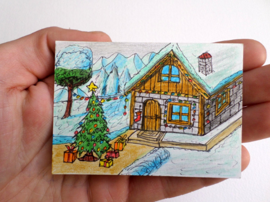 Christmas art print -aceo drawing print of a winter cottage house and a christmas tree- winter art print- signed by artist Hristo Hvoynev
