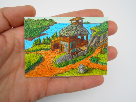 riginal aceo cottage drawing- fantasy art collectable landscape card- ink and pencil drawing titled &#39;Cross-Norths outpost&#39;- signed by artist Hristo Hvoynev