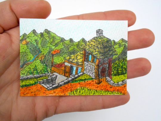 Original aceo art cottage drawing- collectable art card- ink and pencil drawing titled &#39;Exalted Hights Peak&#39; 2.5&#39;&#39; x 3.5&#39;&#39;- signed by artist Hristo Hvoynev