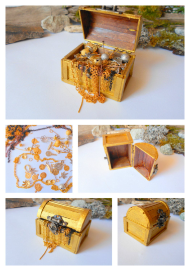 Miniature chest box with treasures- Golden chest box -mini accessories- 1/12 scale mini wooden vintage treasury box-chest with treasuries
