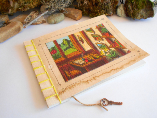 Cottage art notebook journal with an interior art print on the cover- 100% recycled papers- Eco-friendly notebook- Travel journal