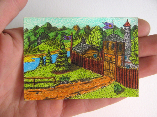 Original fantasy art ACEO drawing of a fantasy world fort camp- &#39;Monithaal encampment- ACEO illustration- Fantasy world series- signed by author Hristo Hvoynev
