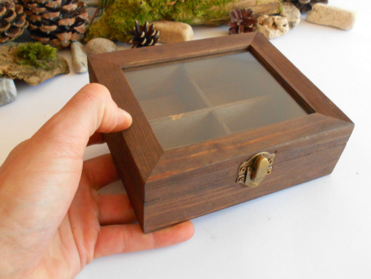 Mahogany-colored wooden tea box with glass display for small tea bags- 4 compartments display box- wooden storage box- keepsake jewelry box- box for herbs or crystals