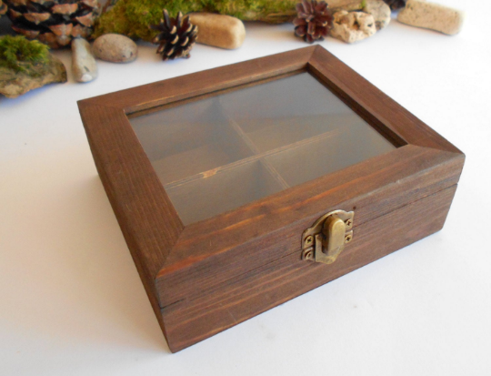 Mahogany-colored wooden tea box with glass display for small tea bags- 4 compartments display box- wooden storage box- keepsake jewelry box- box for herbs or crystals
