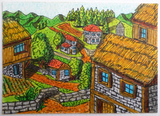 Original ACEO drawing- ATC card drawing with houses and nature landscape named &quot;Thatched roof Eden&quot;- Fantasy world series Inactive- signed by author Hristo Hvoynev