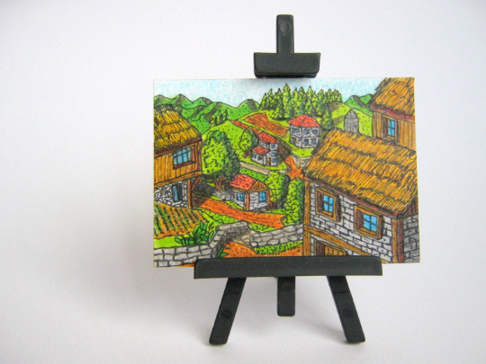 Original ACEO drawing- ATC card drawing with houses and nature landscape named &quot;Thatched roof Eden&quot;- Fantasy world series Inactive- signed by author Hristo Hvoynev