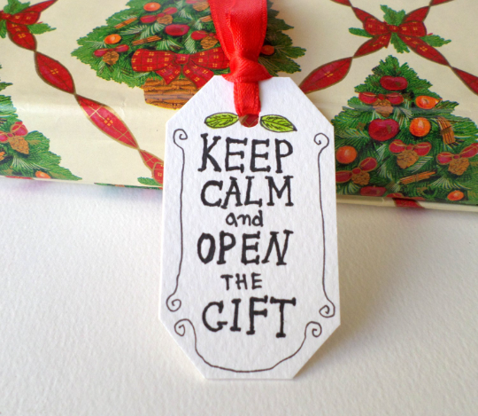 Gift tags - Keep Calm and Open the Gift tags- Set of 5, 10, 15, 20, 50, or 100- hand-drawn tags 'Keep Calm and Open the Gift' with color satin ribbons