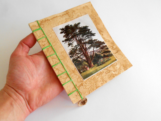 Handmade travel notebook journal with Tree Art- stab binding and soft covers- custom thread colors- sketchbook with 100% recycled pages- Ecofriendly gift