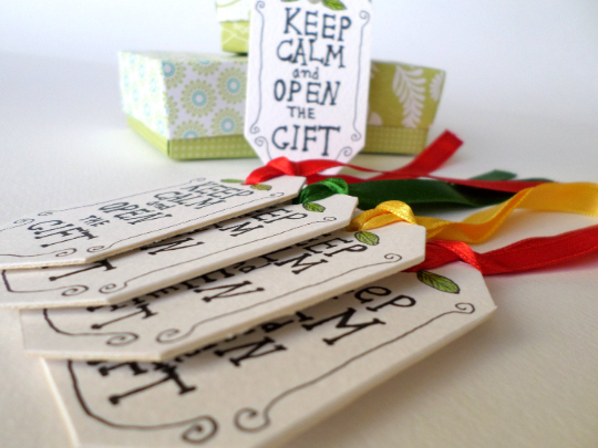 Gift tags - Keep Calm and Open the Gift tags- Set of 5, 10, 15, 20, 50, or 100- hand-drawn tags &#39;Keep Calm and Open the Gift&#39; with color satin ribbons