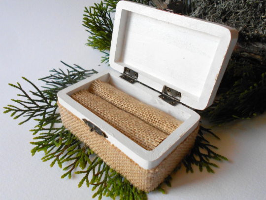 Wedding Ring white box- Wooden box with burlap decor- rectangular box- box with bronze colored hinges- pine wood box- wedding box gift