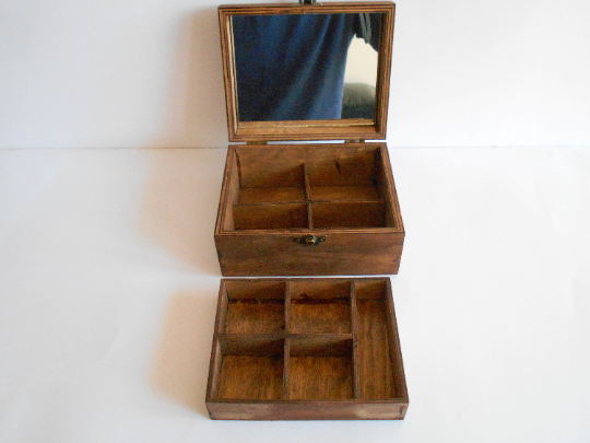 Wooden jewelry box with a mirror inside- 9 compartments on 2 levels- m -  Exiarts & Ecocrafts