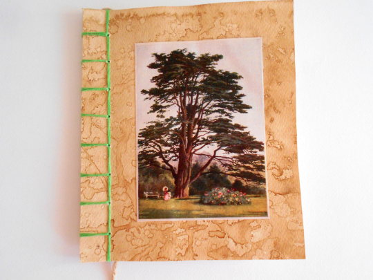 Handmade travel notebook journal with Tree Art- stab binding and soft covers- custom thread colors- sketchbook with 100% recycled pages- Ecofriendly gift