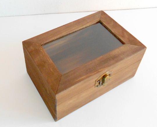 Pine wood display box- rectangular box with glass lid- box with bronze/brass colored hindges- pine wood box- wooden craft box for decoupage- 5.2'' x 3.8''