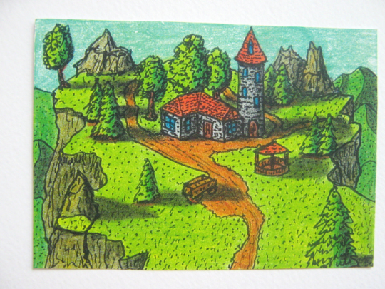 Fantasy art print from original ACEO- ink and color pencil drawing "Camp Anthulje post guard"- Fantasy series- signed by author Hristo Hvoynev