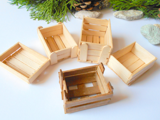 Set of 5 Miniature wooden crates- Plain wood -Dollhouse accesories- 1/12 scale mini wooden vintage crate- dollhouse basket box-miniature box