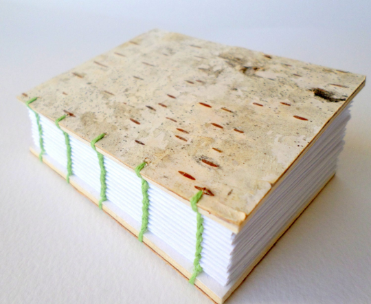 Birch bark coptic journal, handmade with forest material notebook- blank pages 100% recycled- customize with your size and colors