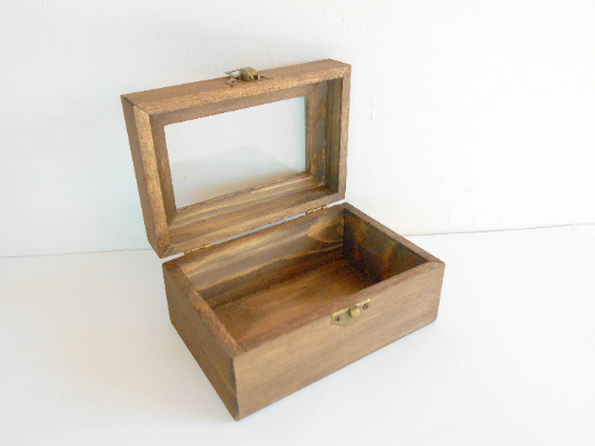 Display box from pinewood- rectangular box with glass lid opening- box with bronze/brass colored hindges- pine wood box- wooden craft box for decoupage- 4.8'' x 2.8''
