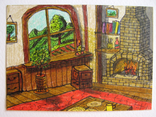 Cottage fireplace Art print- drawing print card of a cottage interior -fireplace and a window view 'Be inside and be outside'- signed by author Hristo Hvoynev