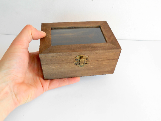 Glass lid display box- rectangular box with glass lid- box with bronze/brass colored hindges- pine wood box- wooden craft box for decoupage- 7'' x 5''