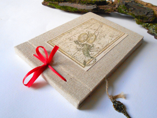 Scorpio Zodiac handmade travel journal -Refillable fabric sketchbook- 100% recycled pages- hardcover book, personilized journal with a ribbon