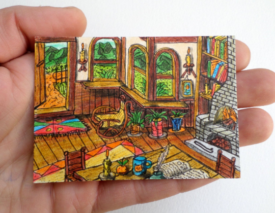 Art print photo-matte aceo card of a cottage house interior and a window view &#39;I love my house&#39;, &#39;Across the window&#39; ACEO series