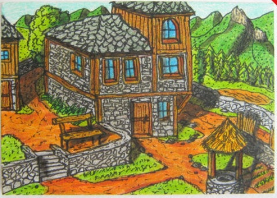 Cottage art geclee print from folklore series- "House yard" art print of a cottage house with mountain landscape- signed by author Hristo Hvoynev