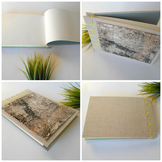 Birch bark sketchbook with hardcovers and japanese stab binding- eco-friendly burlap fabric journal with 100% recycled pages