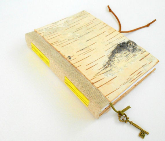 Handmade travel rustic journal with birch hardcovers and a key bookmark- 100% recycled paper- Eco-friendly travel sketchbook