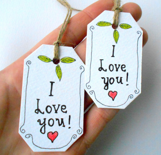 Handmade hang gift tags- personalized- &#39;I love you set&#39;- Set of gift tags with natural linen thread or satin ribbons hang strips