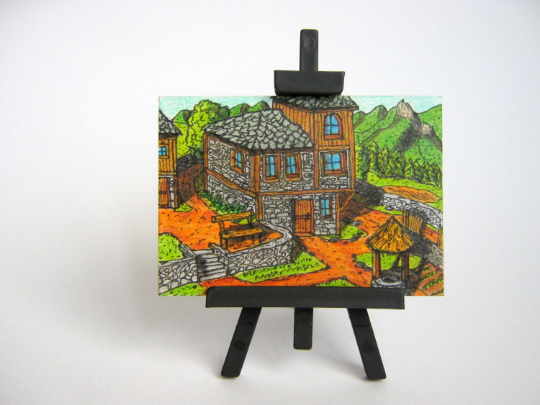 Cottage art geclee print from folklore series- &quot;House yard&quot; art print of a cottage house with mountain landscape- signed by author Hristo Hvoynev