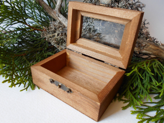 Small wooden display box- rectangular box with glass cap- box with bronze colored hindges- pine wood box- wooden supplies- craft box
